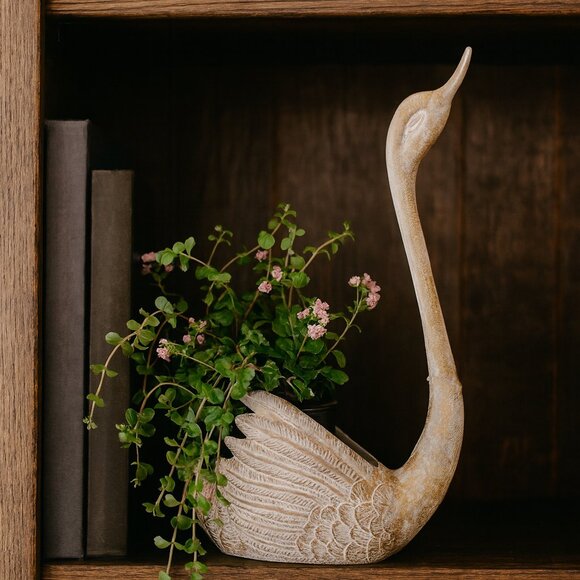 NWT Vintage Large Brassy Swan Planter Rustic Style Distressed Look Flower Pot - Picture 2 of 12